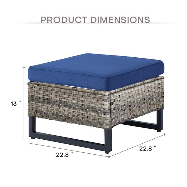 2-Pack Gray Wicker Outdoor Ottoman Steel Frame Footstool with Removable Blue Cushions