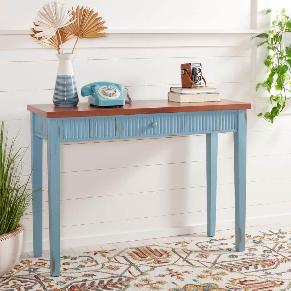 Blue and Oak Wood Console Table with Storage Drawer