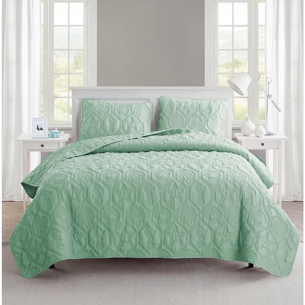 3-Piece Mint Green Shore Embossed Microfiber King Size Quilt Set