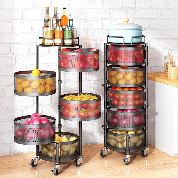 Unbranded 5-Shelf Basket Bowls Pantry Organizer with Metal Top Lid and Rotating Storage Rack Cart in Black