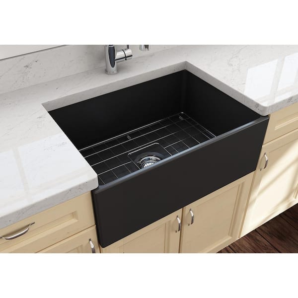 Contempo Farmhouse Apron Front Fireclay 27 in. Single Bowl Kitchen Sink with Bottom Grid and Strainer in Matte Dark Gray