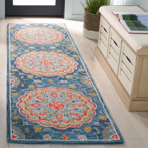 Blossom 2 ft. x 8 ft. Blue/Red Ornate Medallion Runner Rug