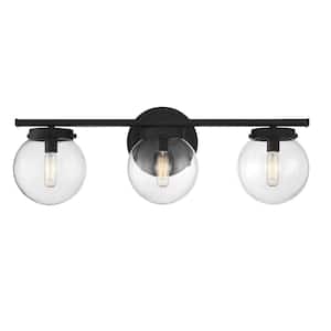 24 in. W x 8 in. H 3-Light Matte Black Bathroom Vanity Light with Clear Glass Shades