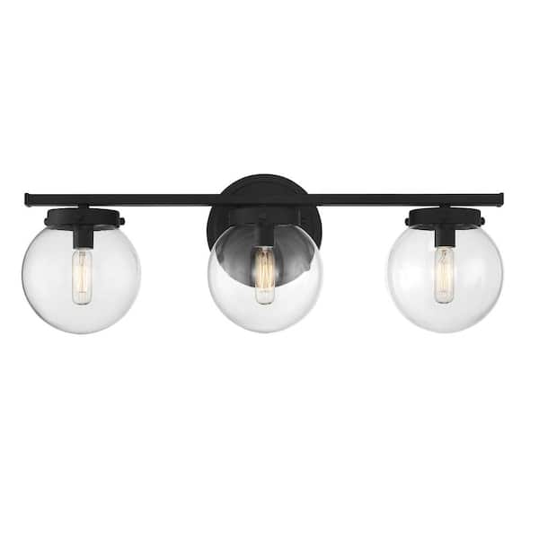 TUXEDO PARK LIGHTING 24 in. W x 8 in. H 3-Light Matte Black Bathroom Vanity Light with Clear Glass Shades