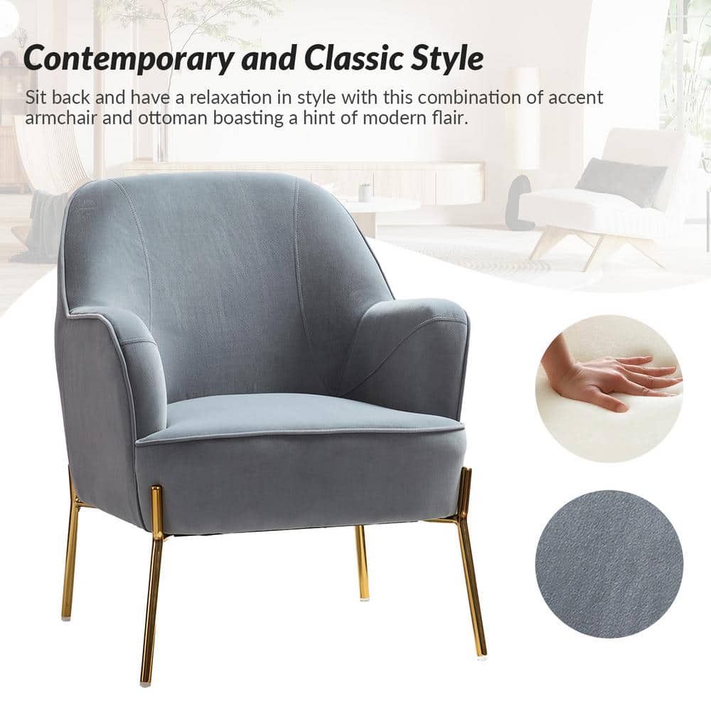 Elegant Gray Velvet Accent Chair with Golden Metal Legs