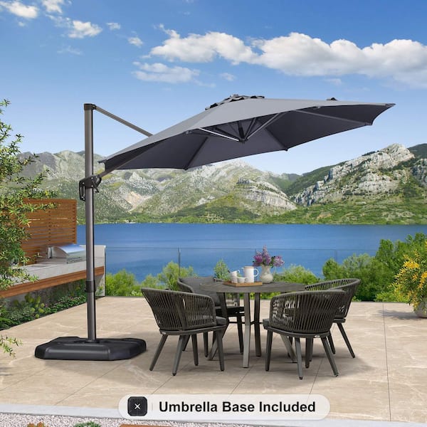 10 ft. Octagon Aluminum Outdoor Patio Cantilever Umbrella Offset 360° Rotation Umbrella with Base, Gray