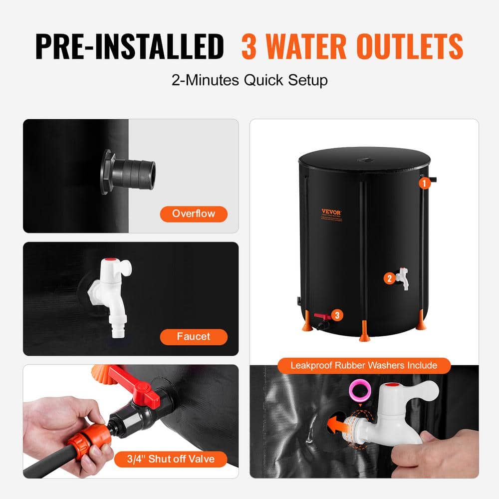 Black PVC Collapsible Rain Barrel with Spigots and Overflow Kit