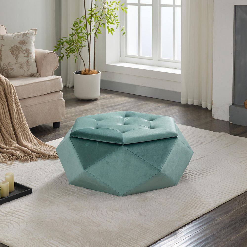 Berkamn Modern Glam Green Velvet Upholstery Polygon Diamond Tufted Storage Ottoman