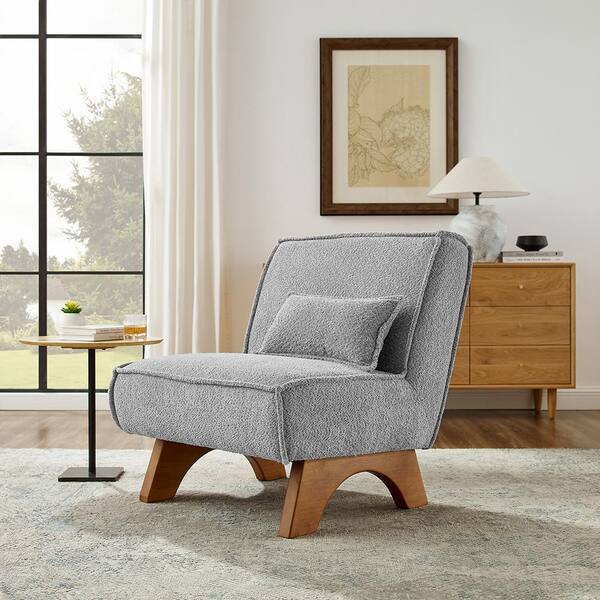 COZY Off Gray Fabric Accent Slipper Chair with Lumbar Pillow and Wood Legs