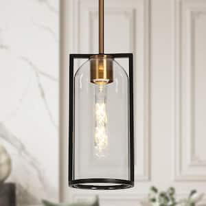 Modern 1-Light Black and Brass Island Pendant Light with Bottle Clear Glass Shade Foyer Hanging Light, LED Compatible