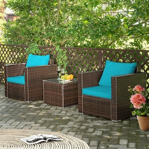 3-Piece Rattan Outdoor Patio Conversation Furniture Set with Turquoise Cushions