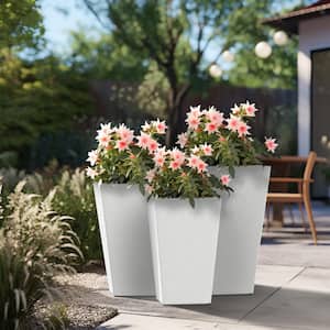 Modern 24.5in., 18.5in., 16in. High Large Tall Tapered Square Crisp White Outdoor Cement Planter Plant Pots Set of 3