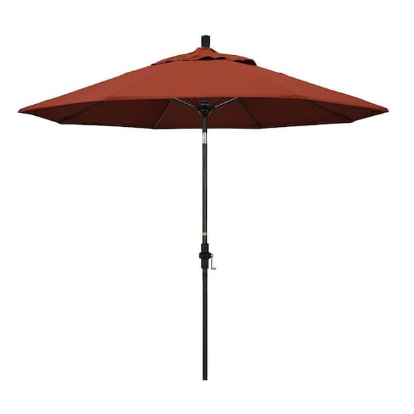 California Umbrella 9 ft. Matted Black Aluminum Market Patio Umbrella with Fiberglass Ribs Collar Tilt Crank Lift in Terracotta Sunbrella
