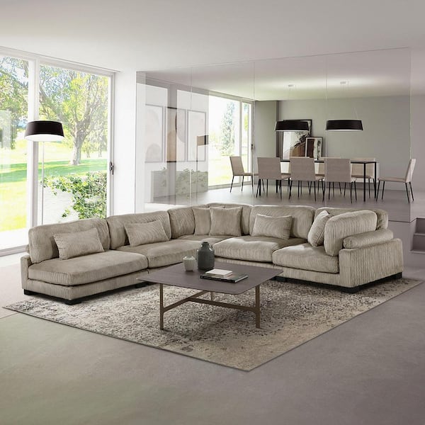 Lazzara Turbo 135 in. Pillow Top Arm 5-Piece Corduroy Modular Sectional Sofa in Taupe