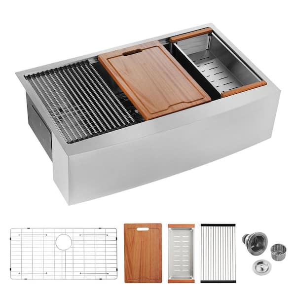 33 in. Farmhouse Single Bowl 16 Gauge Stainless Steel Kitchen Sink with Cutting Board, Colander, Roll-Up Rack