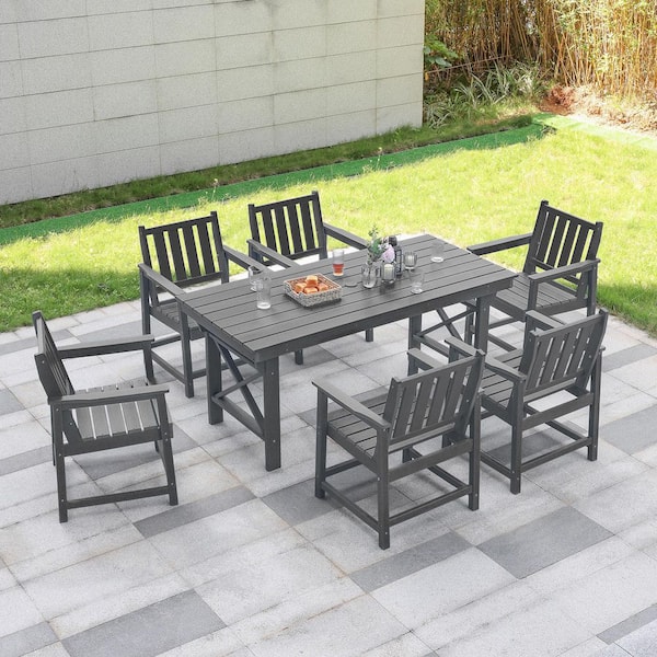 Gray 7-Piece HDPE Plastic Patio Outdoor Dining Set with 6-Arm Chairs and Rectangular Table