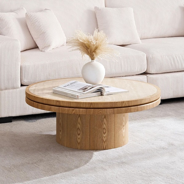 Ally 35.43 in. W Natural Round Wood Coffee Table with Sintered Stone Tabletop