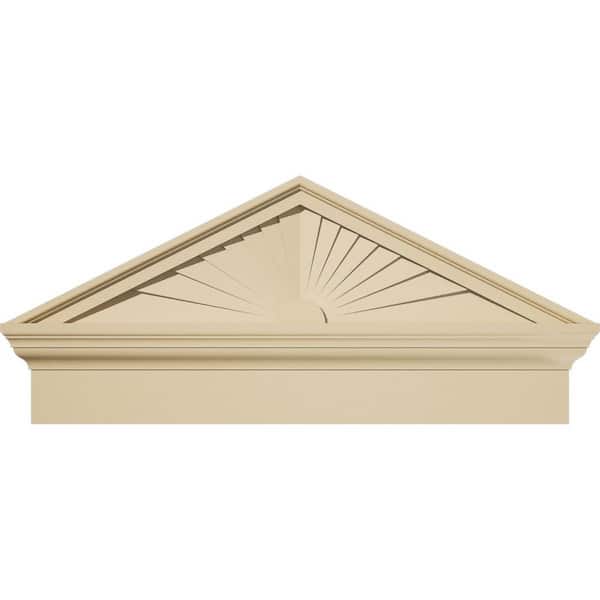 Ekena Millwork 32 in. W x 14-7/8 in. H x 2-3/4 in. P Pitch 6/12 Peaked Cap Sunburst Signature Urethane Combination Pediment, Primed Tan