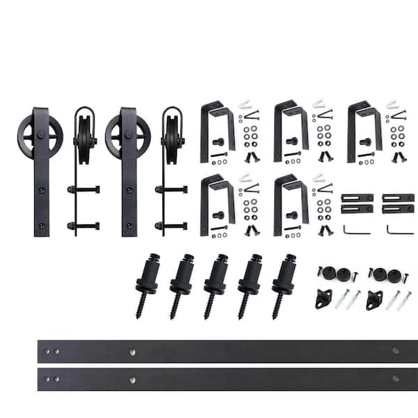 HOMACER 7 ft./84 in. Black Rustic Double Track Bypass U-Shape Sliding Barn Door Hardware Kit - Spoke Wheel Design Roller