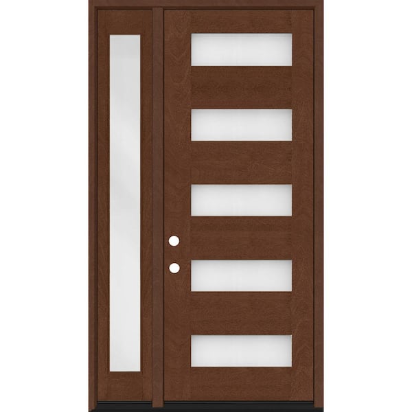 Steves & Sons Regency 51 in. x 96 in. 5L Modern Frosted Glass RH Chestnut Stain Mahogany Fiberglass Prehung Front Door w/12in.SL