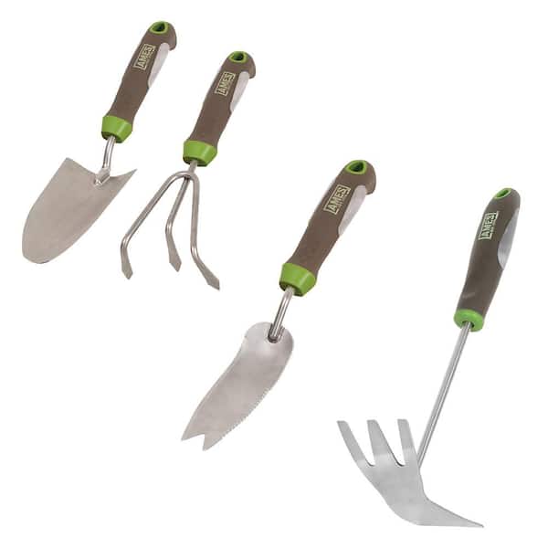 4-Piece Bundle Ergo Gel Grip Hand Trowel, Hand Cultivator, Hand Weeder, and 2 Prong Hoe Garden Tool Set