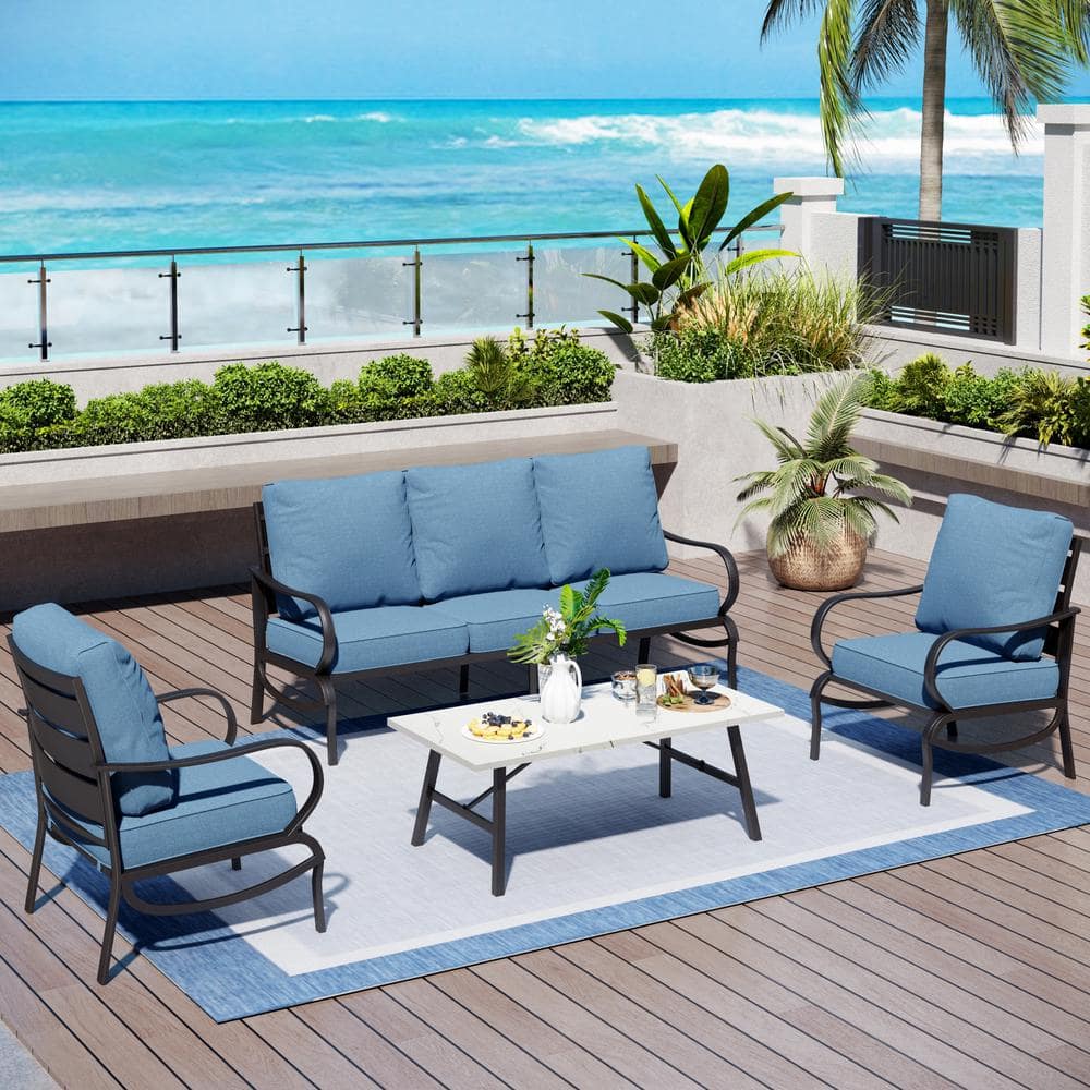 Metal Slatted 5-Seat 4-Piece Outdoor Patio Conversation Set with Denim Blue Cushions, Table With Marble Pattern Top price history on PriceWatchPro