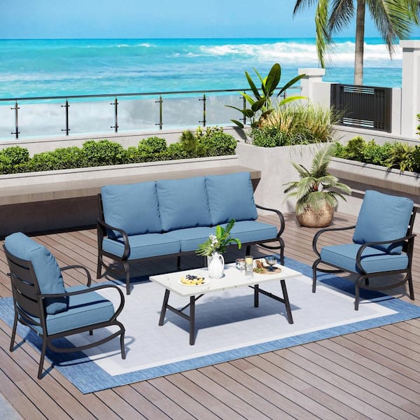 Metal Slatted 5-Seat 4-Piece Outdoor Patio Conversation Set with Denim Blue Cushions, Table With Marble Pattern Top
