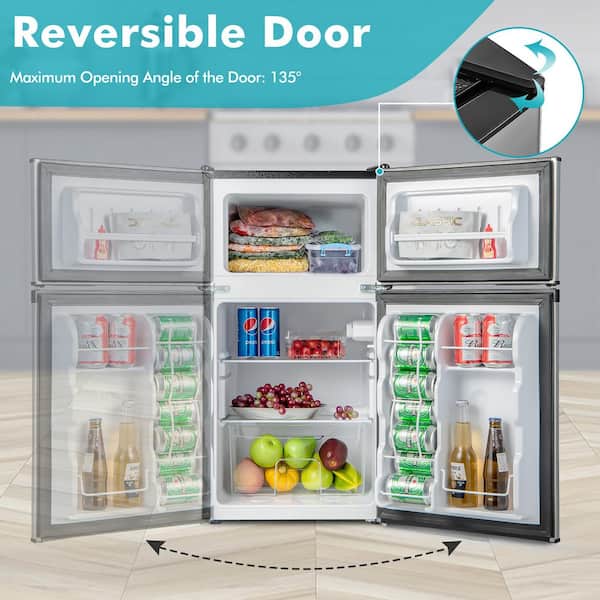 Costway Stainless Steel Refrigerator Small Freezer Cooler Fridge Compact 3.2 Cu ft. Unit, Gray