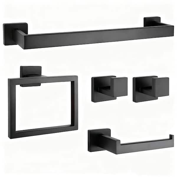5 -Piece Bath Hardware Accessories Set with Mounting Hardware in Matte Black, Stainless Steel Bath Towel Bar Set