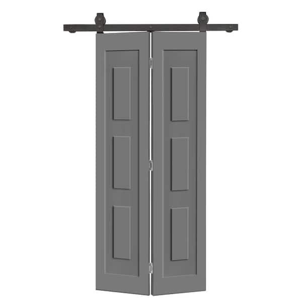 CALHOME 32 in. x 80 in. 3 Panel Shaker Hollow Core Light Gray Composite Bi-fold Door with Sliding Barn Door Hardware Kit