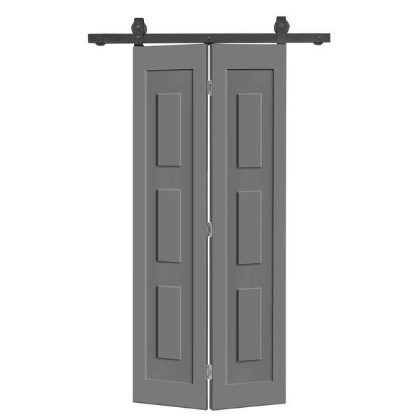 CALHOME 28 in. x 84 in. 3 Panel Shaker Hollow Core Light Gray Composite Bi-fold Door with Sliding Barn Door Hardware Kit