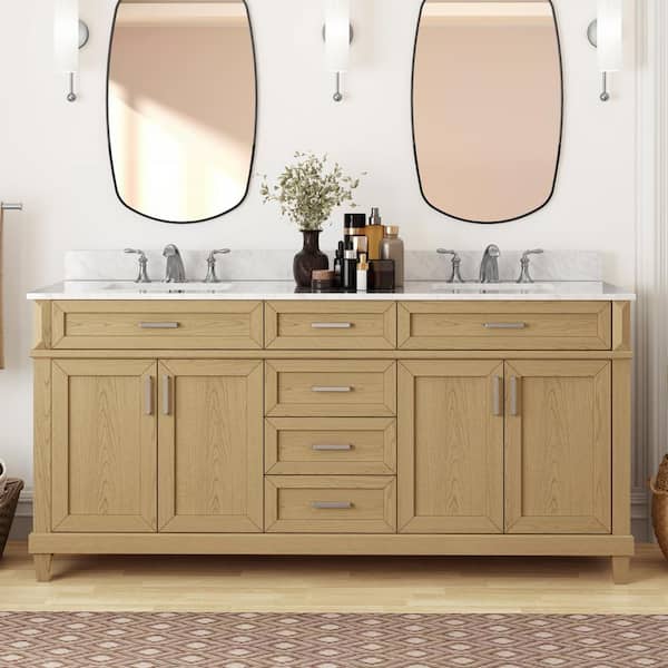 Home Decorators Collection Talmore 72 in W x 22 in D x 35 in H Double Sink Bath Vanity in Light Oak With White Engineered Marble Top