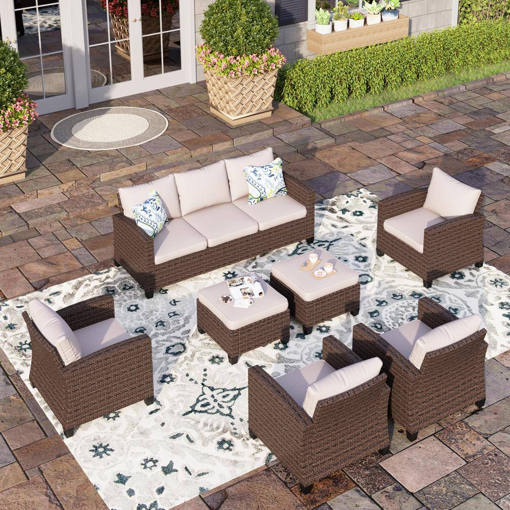 PHI VILLA Black Rattan Wicker 9 Seat 7-Piece Steel Outdoor Patio Conversation Set with Beige Cushions and 2 Ottomans
