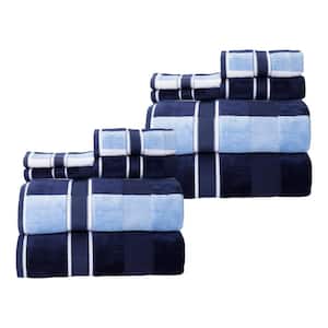 12-Piece Navy Blue Solid and Striped Designs Cotton Towel Set