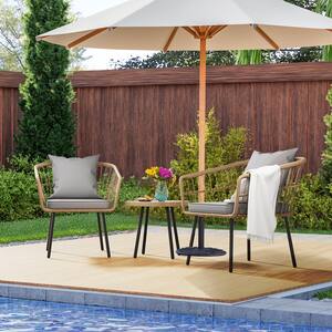 3-Piece Brown Wicker Outdoor Bistro Set with Gray Cushion