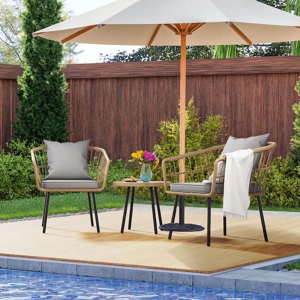 DEXTRUS 3-Piece Brown Wicker Outdoor Bistro Set with Gray Cushion