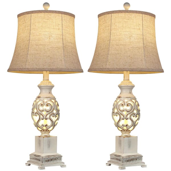 28 in. Distressed White Tall Bedside Lamp with Night Light Rustic Table Lamps with Linen Shade for Living Room End Table