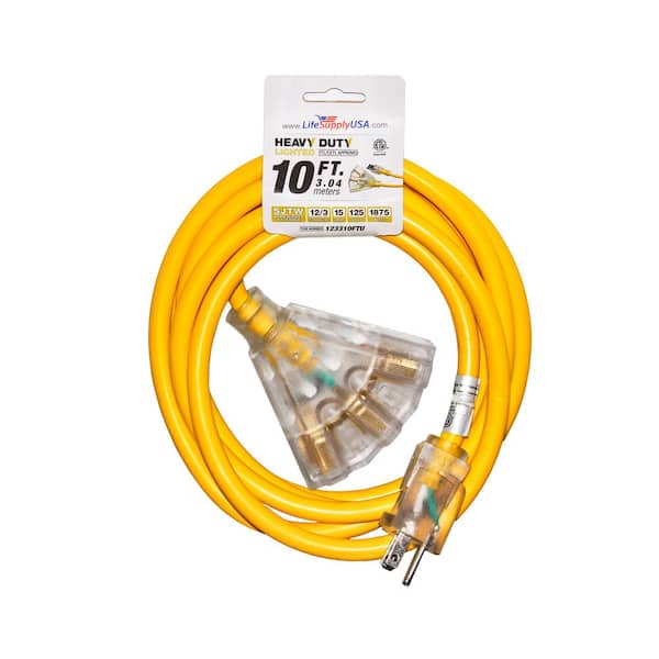 LifeSupplyUSA 10 ft. 12/3 SJTW 3-Outlet 15 Amp 125-Volt 1875-Watt Lighted End Extension Cord (2-Pack)