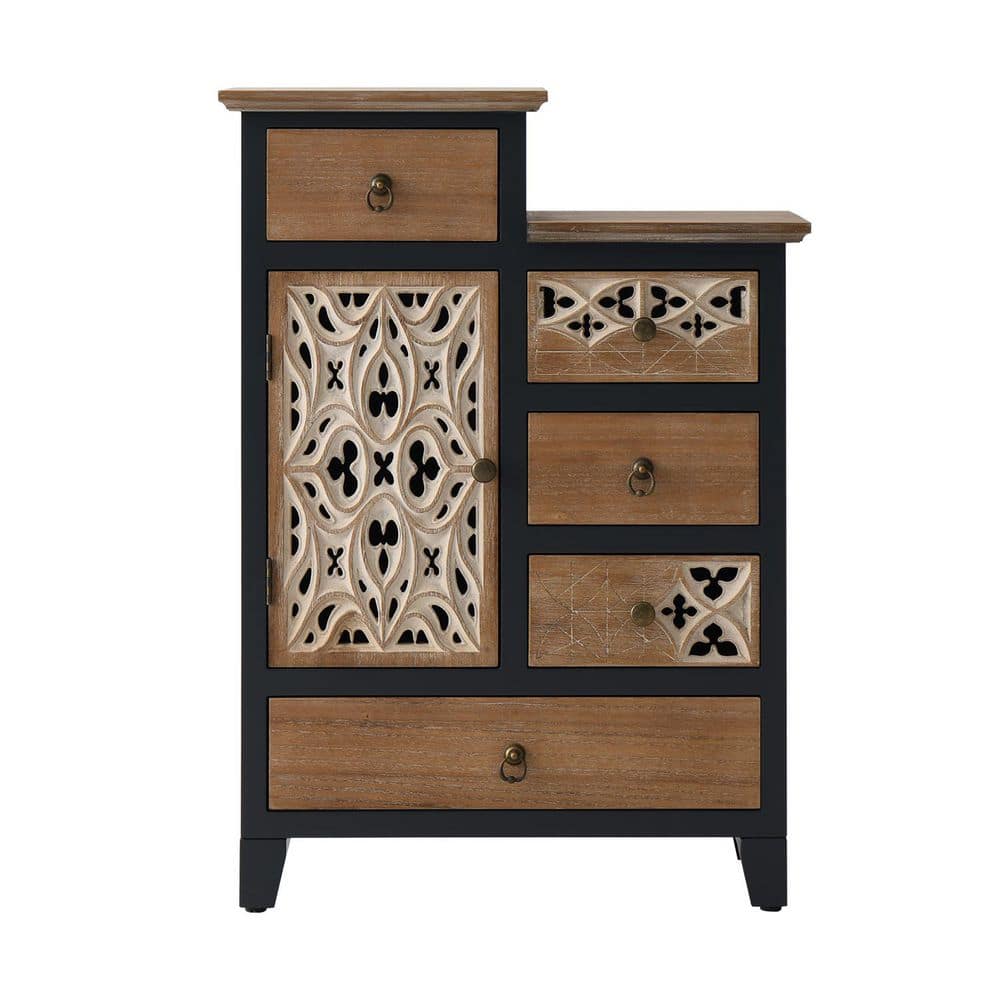 Modern Multi-Colored 12 in. W Farmhouse Carved Wood Accent Chest Dresser with 1-Door & 5-Drawer for Living Room Entryway