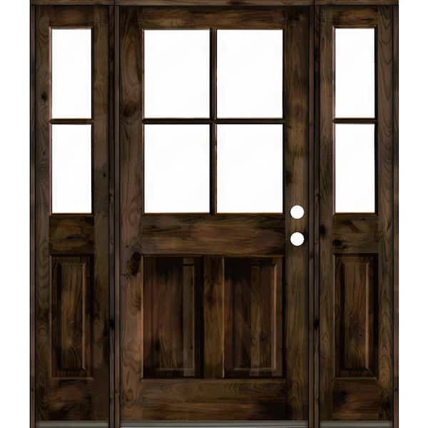 Krosswood Doors 64 in. x 80 in. Knotty Alder Left-Hand/Inswing 4-Lite Clear Glass Black Stain Wood Prehung Front Door/Double Sidelite