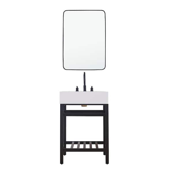 Altair Edolo 24 in. W x 22 in. D x 35 in. H Single Sink Bath Vanity in Matt Black with White Composite Stone Top and Mirror
