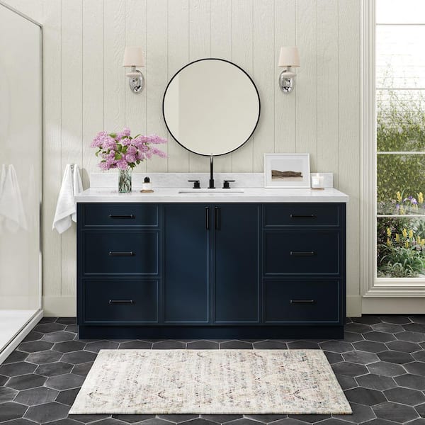 ARIEL Kelly 66 in. Single Sink Freestanding Bathroom Vanity in Midnight Blue with Carrara White Marble Top