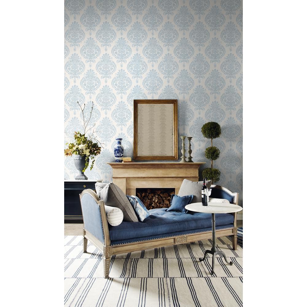 Antigua Damask Blue Frost and Bone White Wallpaper