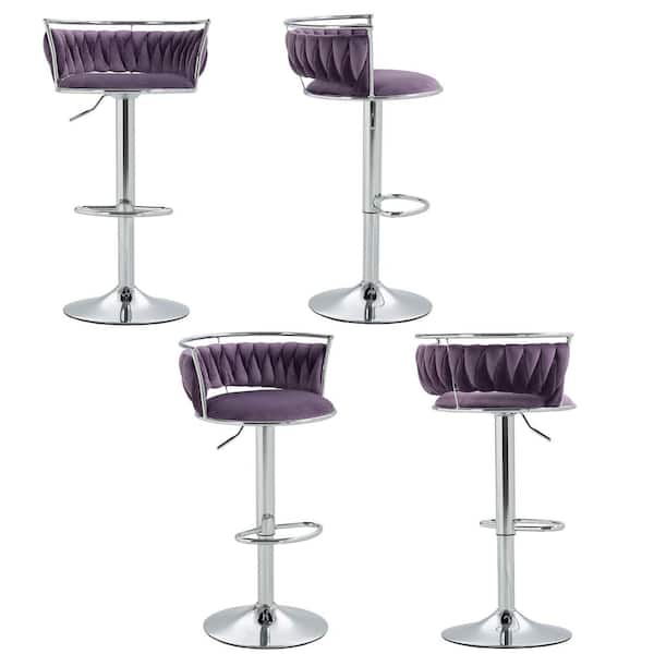 Uixe 38.5 in. Modern Silver Metal Frame Low Back Swivel Adjustable Height Bar Stool with Purple Velvet Seat (set of 4)
