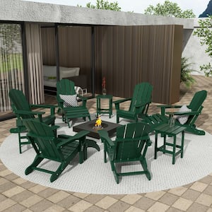 Addison Dark Green 12-Piece HDPE Plastic Folding Adirondack Chair Patio Conversation Seating Set with Ottoman and Table