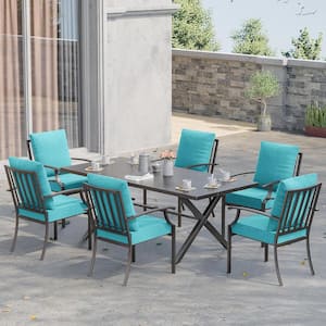 7-Piece Metal Patio Outdoor Dining Set with 6 Chairs, Large Table, Umbrella Hole and Blue Cushions