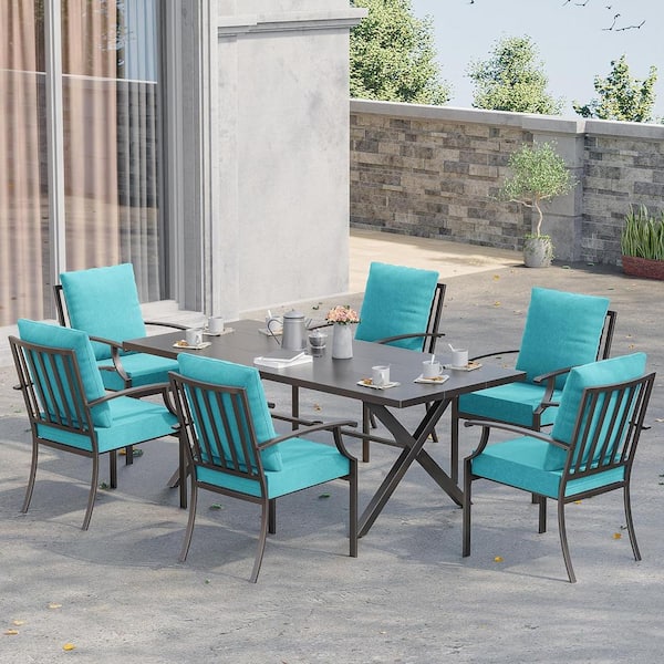 Halmuz 7-Piece Metal Patio Outdoor Dining Set with 6 Chairs, Large Table, Umbrella Hole and Blue Cushions