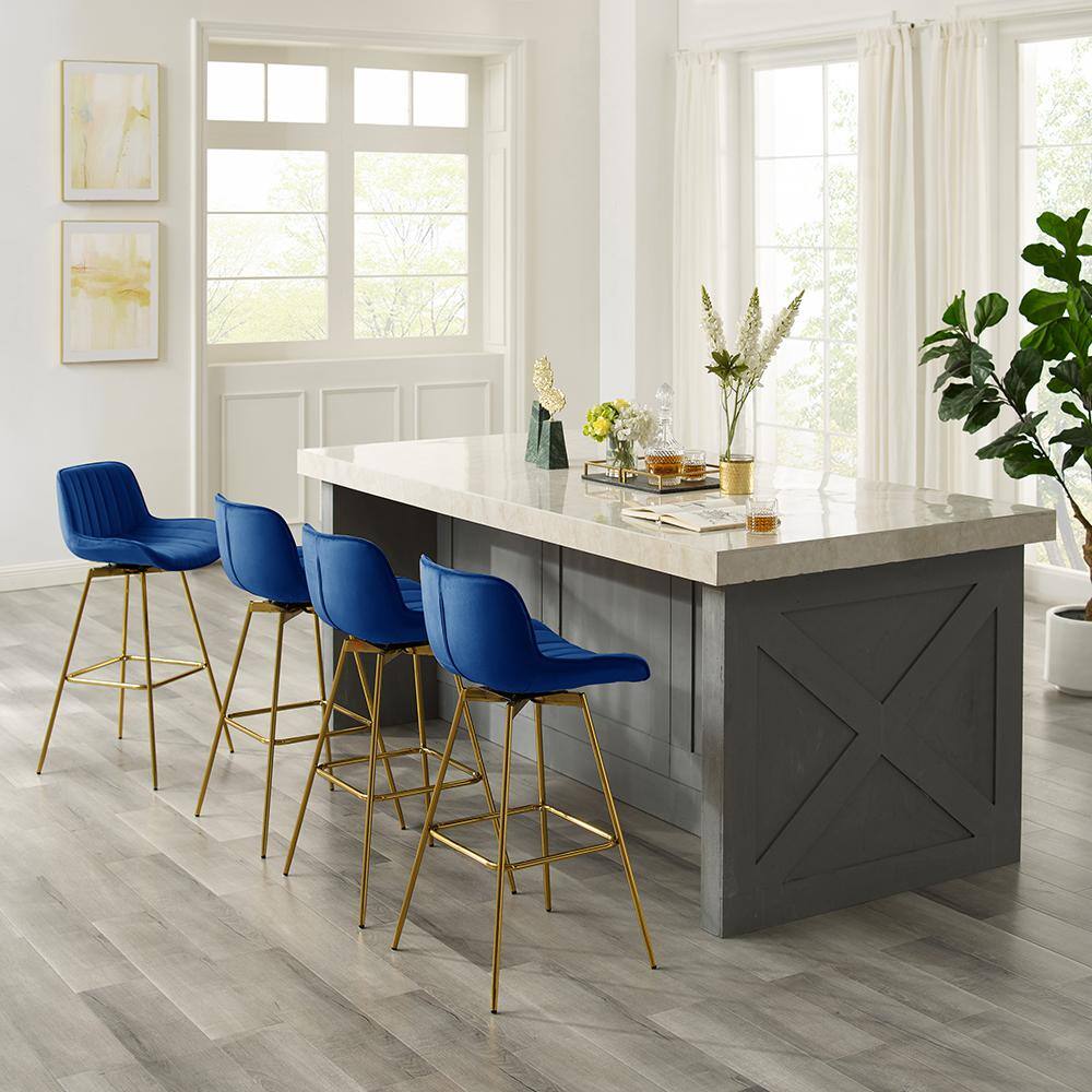 Elegant Blue Velvet Swivel Counter Height Bar Stools with Golden Metal Legs
