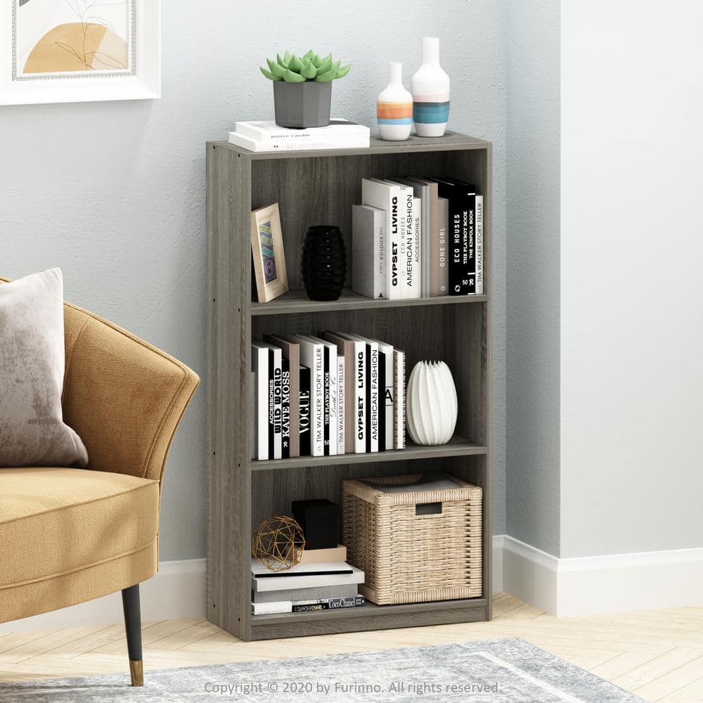 Gray 45" Engineered Wood 3-Tier Bookcase