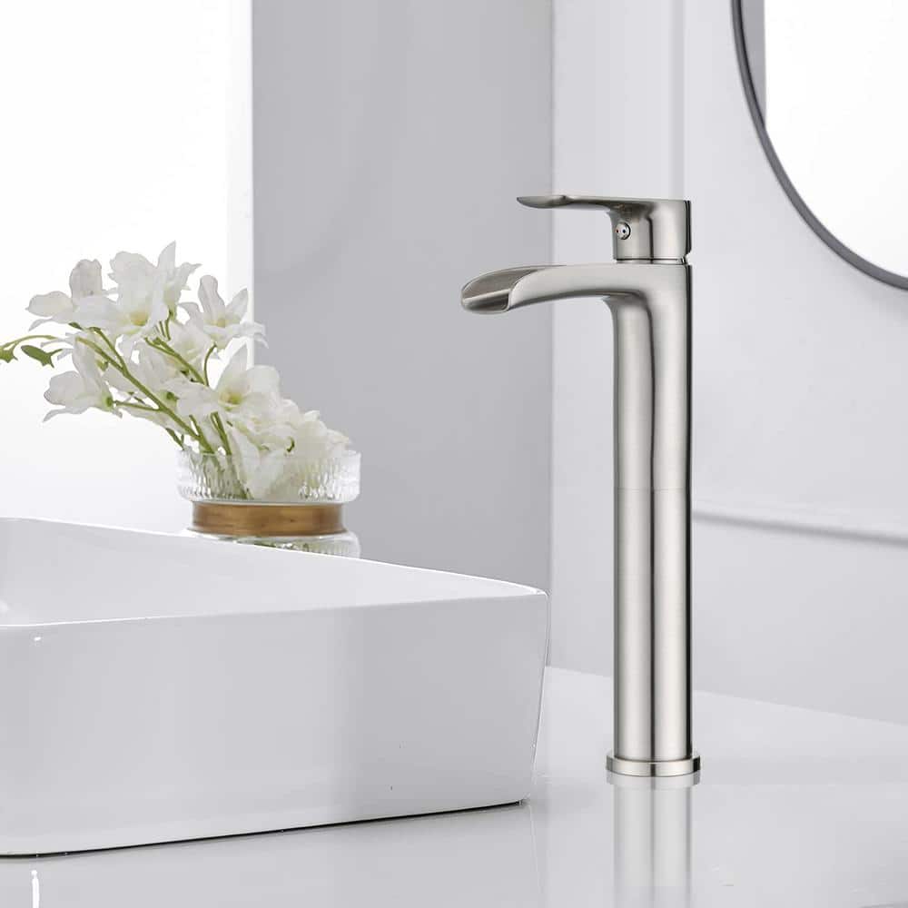 Brushed Nickel Tall Single Handle Bathroom Faucet with Waterfall Spout